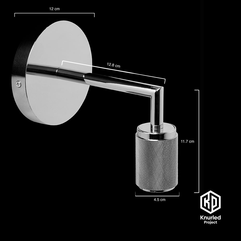 Chrome wall light front on with product measurements on a black background